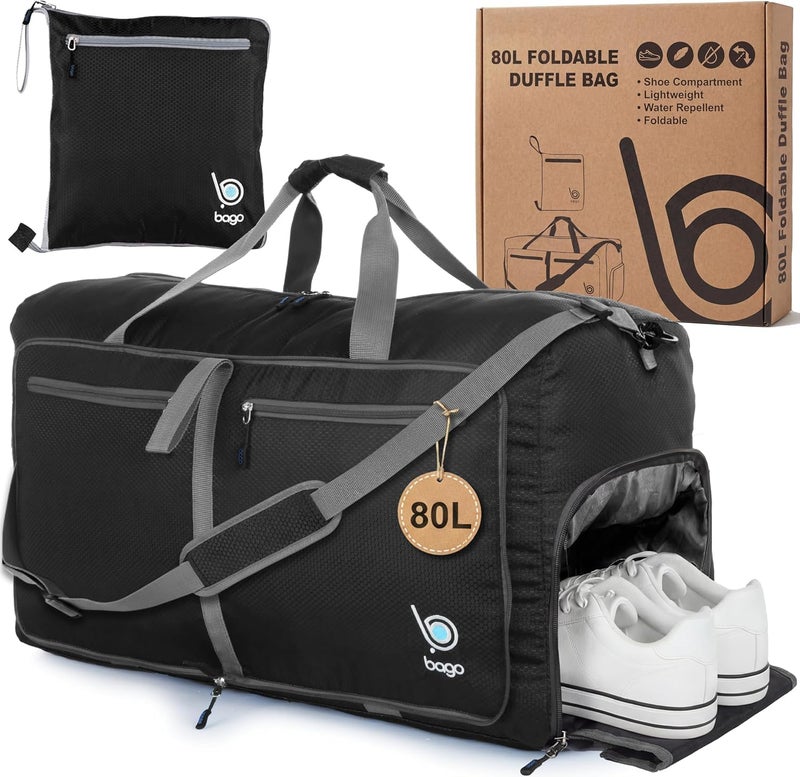 Bago Large Foldable Duffel Bags for Traveling Women & Men - 80L Packable Duffle Bag for Travel with Shoe Compartment - Water Repellant, Heavy Duty, Lightweight Folding & Collapsible (Black) - Image 1